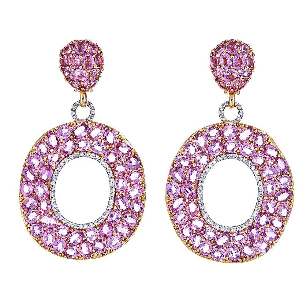 51.03 Carat Oval Pink Sapphire with 1.08 Carat Diamond Rose Gold Drop Earrings For Sale
