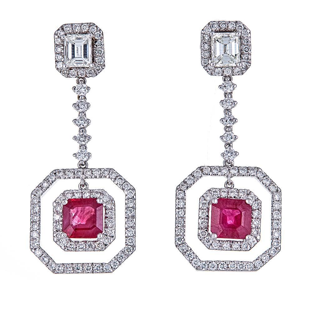 2.54 Carat Ruby and 2.70 Carat Diamond White Gold Drop Earrings For Sale