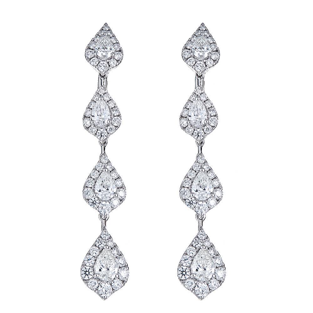 3.45 Carat Pear Shape Diamond Tiered White Gold Drop Earrings For Sale