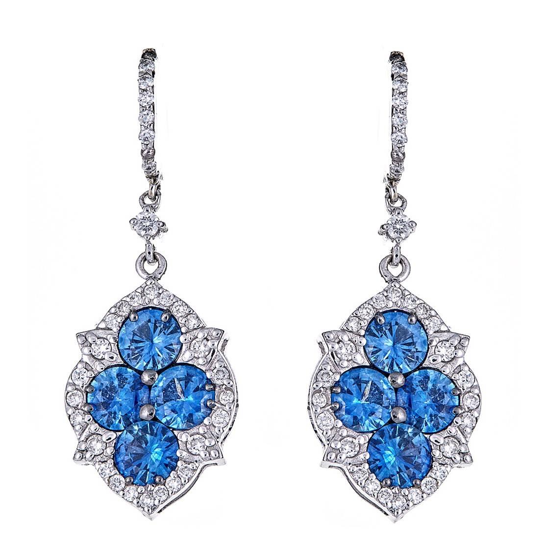 4.06 Carat Blue Sapphire and 0.85 Carat Diamond White Gold Drop Earrings For Sale