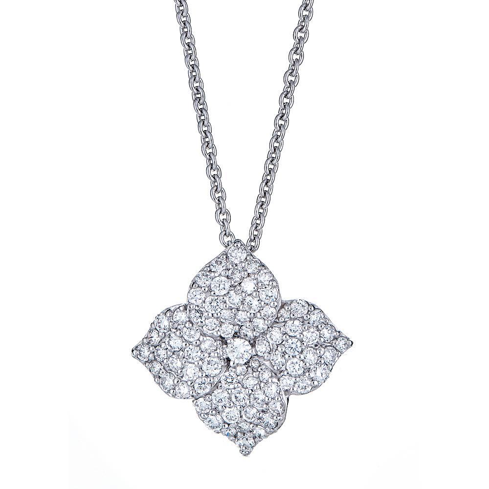 1.41 Carat Pave Diamond White Gold Flower Pendant with Chain For Sale