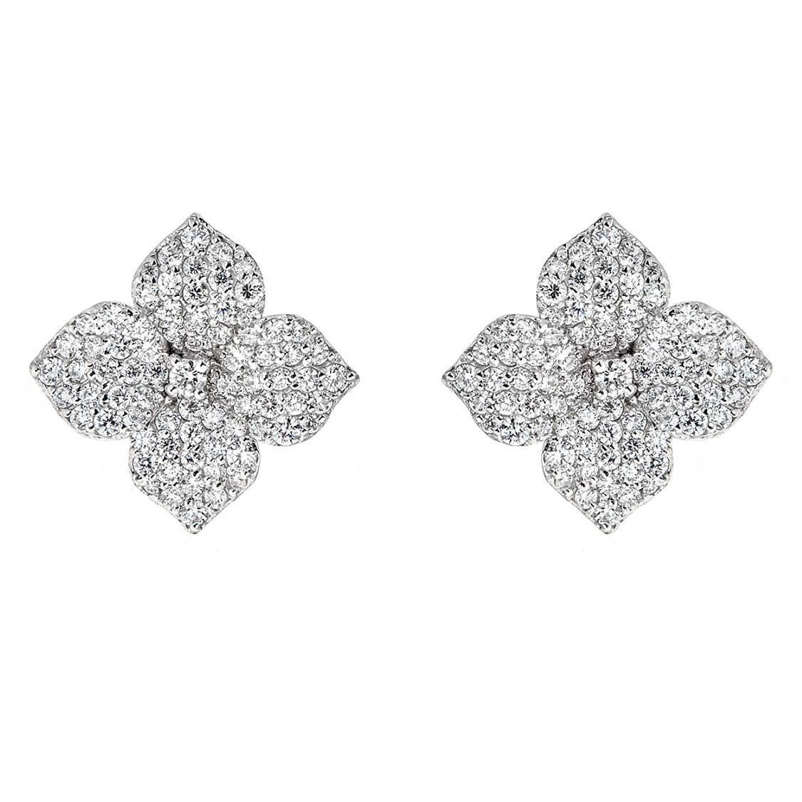1.50 Carat Pave Diamond White Gold Flower Earrings For Sale