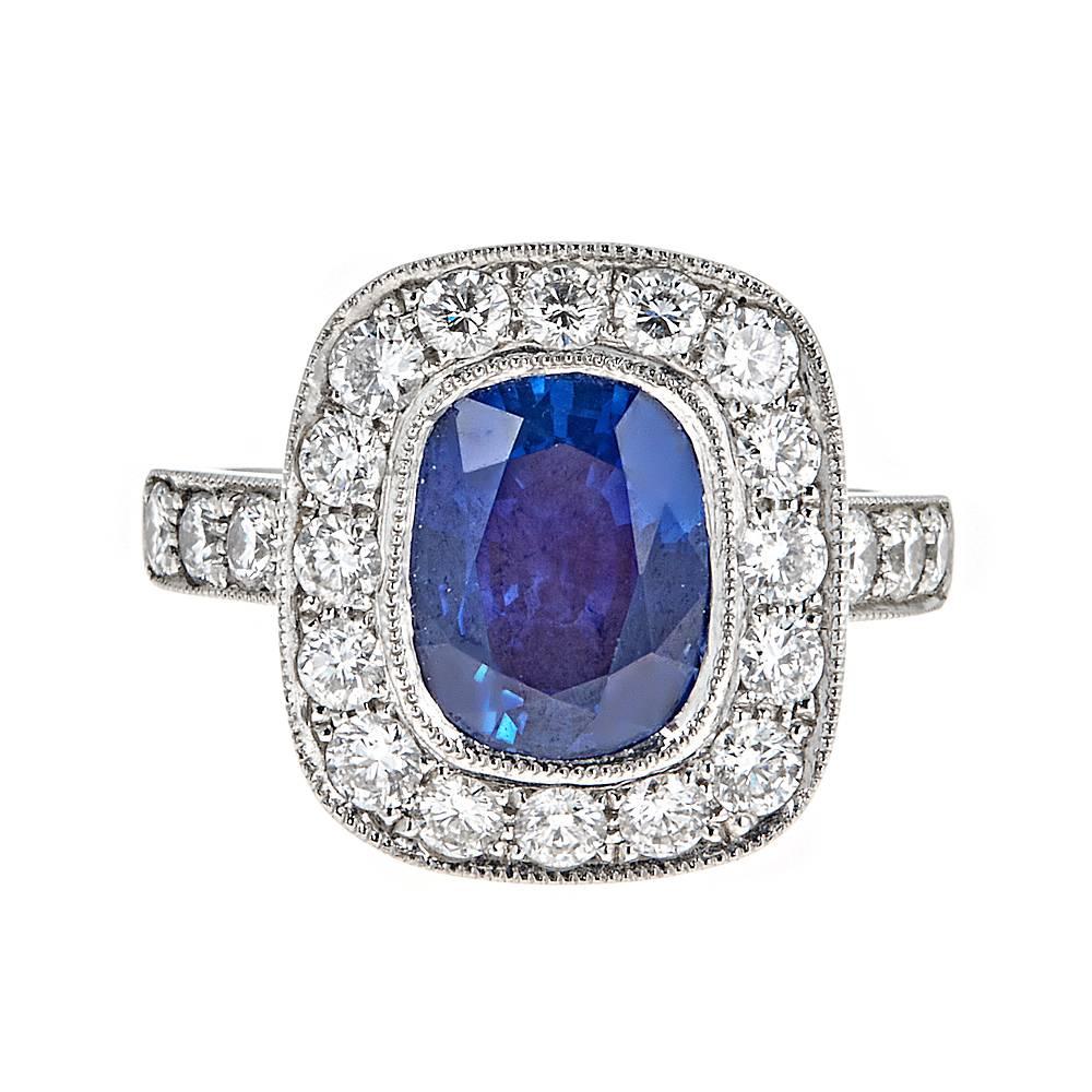 GIA Certified 4.09 Carat Blue Sapphire and 1.40 Carat Diamond Platinum Ring For Sale