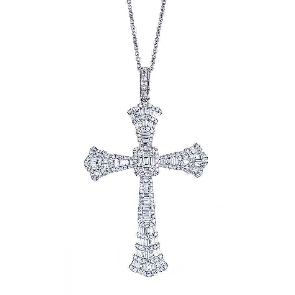 5.10 Carat Round and Baguette Diamond Cross White Gold Pendant with Chain For Sale