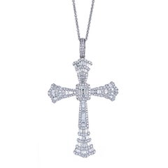 5.10 Carat Round and Baguette Diamond Cross White Gold Pendant with Chain