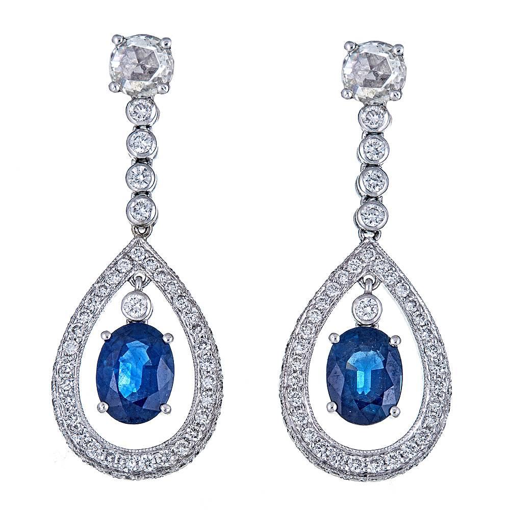 3.30 Carat Blue Sapphire and 2.28 Carat Diamond White Gold Drop Earrings For Sale