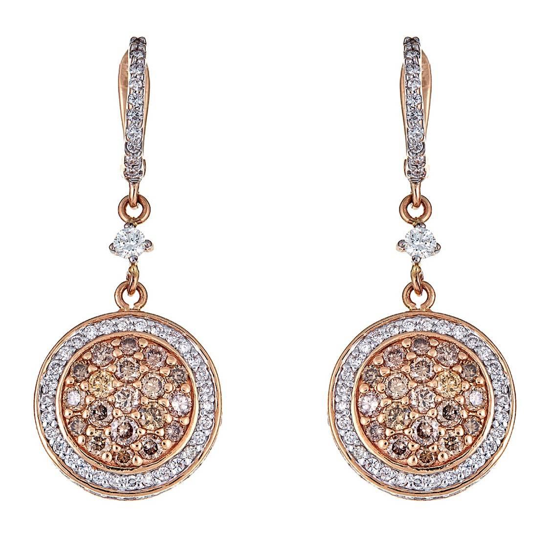 1.32 Carat Champagne Diamond Rose and White Gold Earrings