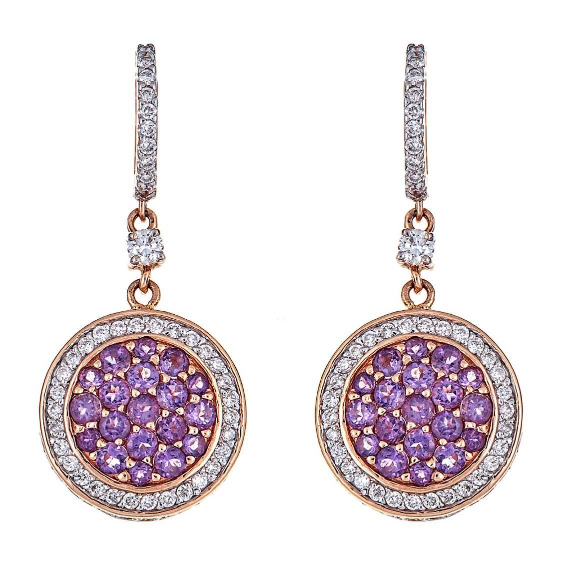 1.14 Carat Amethyst and 1.03 Carat Diamond Drop Earrings in 18 Karat Pink Gold For Sale