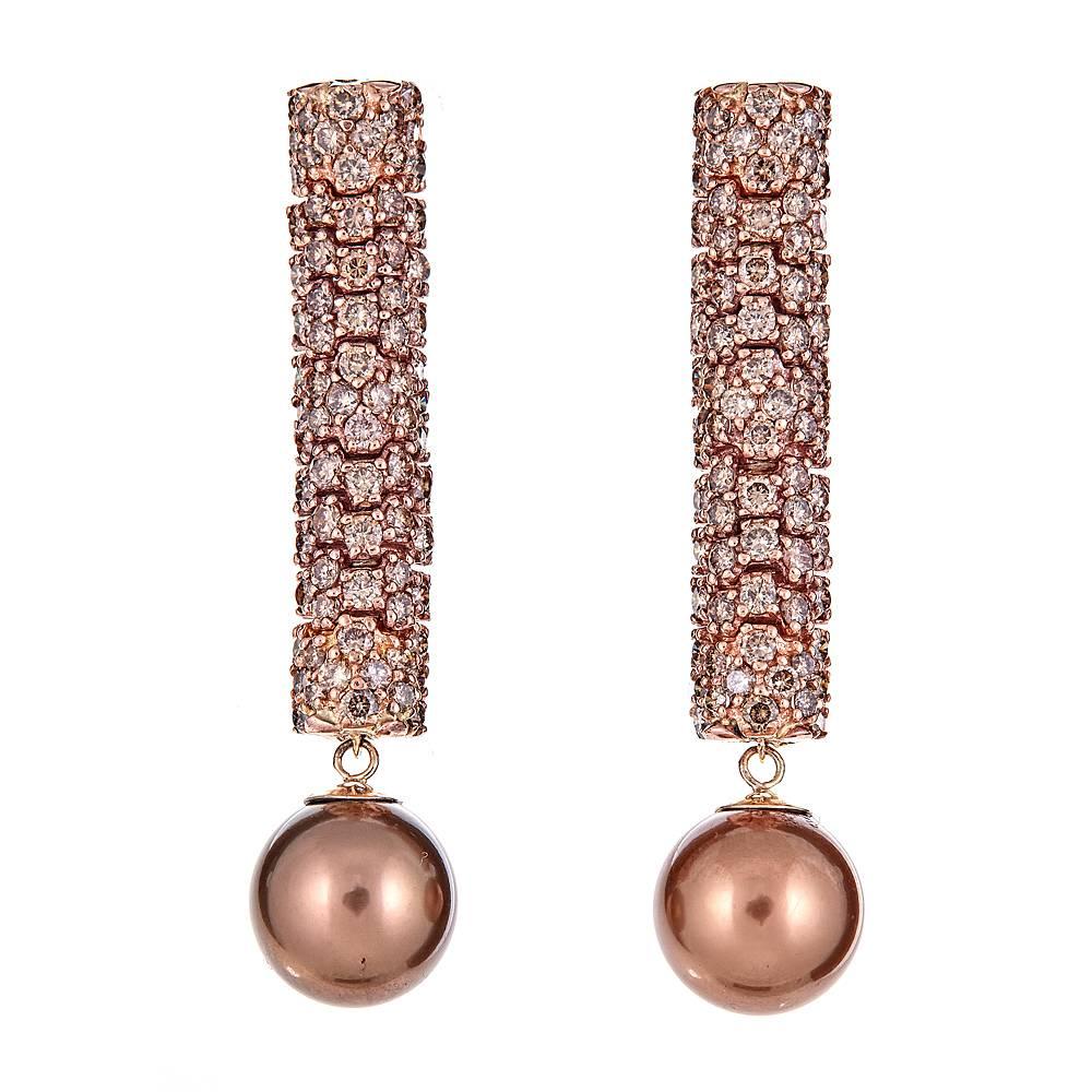 3.95 Carat Brown Diamond and Bronze South Sea Pearl Rose Gold Drop Earrings For Sale