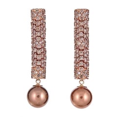 3.95 Carat Brown Diamond and Bronze South Sea Pearl Rose Gold Drop Earrings