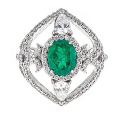 1.66 Carat Oval Emerald and 1.72 Carat Diamond White Gold Cocktail Ring