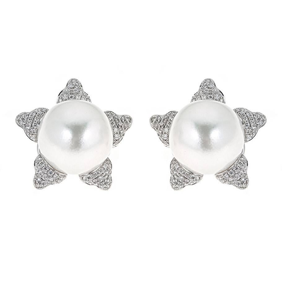 White South Sea Pearl with 0.63 Carat Diamond White Gold Studs For Sale