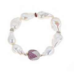 Baroque Pearl with Pink Sapphire, Ruby and Diamond Accent White Gold Bracelet