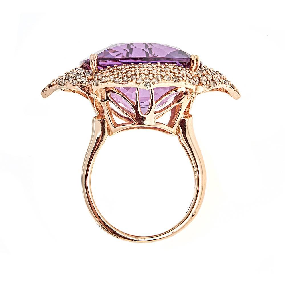 Cushion Cut 25.89 Carat Cushion Amethyst, 1.50 Carat Champagne Diamond and Rose Gold Ring For Sale