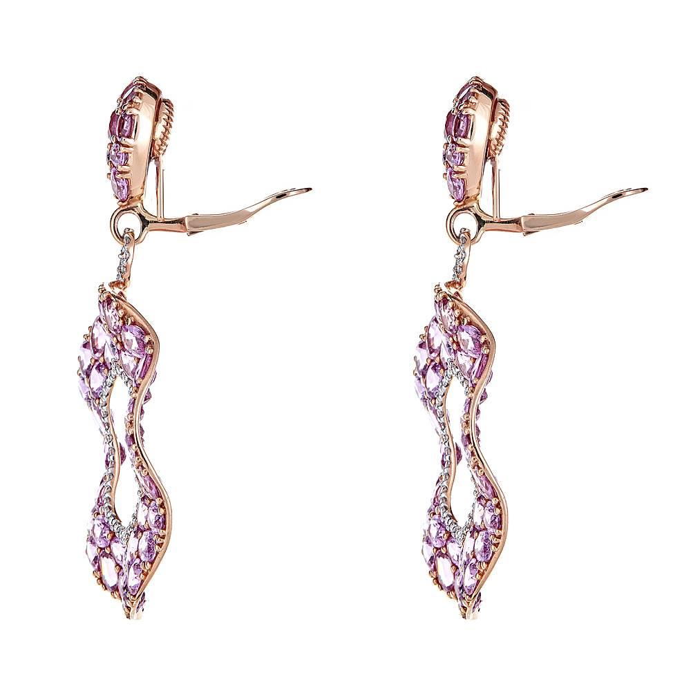 Oval Cut 51.03 Carat Oval Pink Sapphire with 1.08 Carat Diamond Rose Gold Drop Earrings For Sale