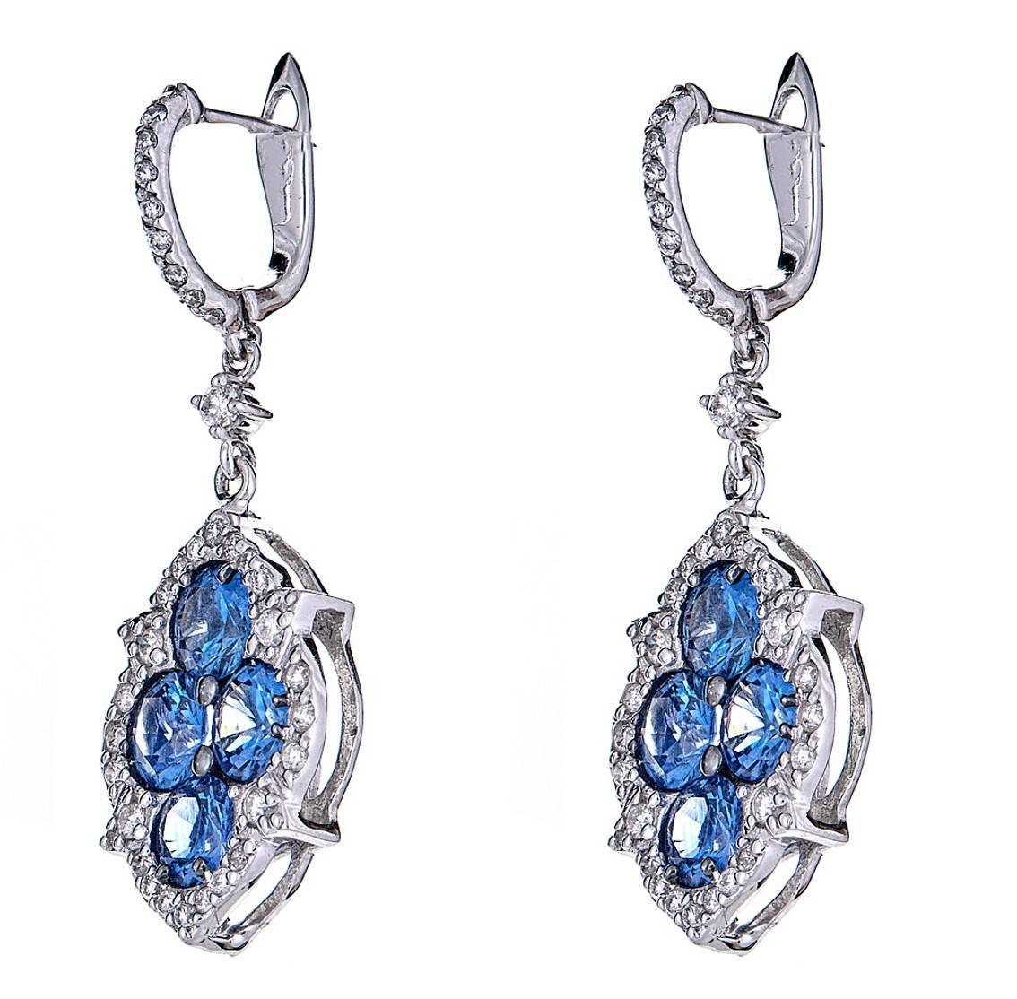 Round Cut 4.06 Carat Blue Sapphire and 0.85 Carat Diamond White Gold Drop Earrings For Sale