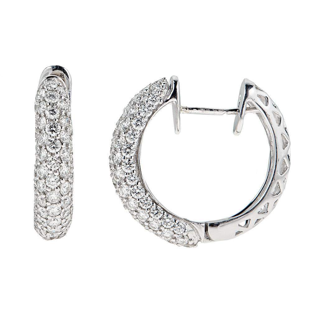 3.39 carats of round white Diamonds, set in 18K White Gold, create these perfect, all occasions hoop earrings. Lightweight, stylish and dazzling, these earrings are completed with a secure post back and lock-in mechanism for easy, all day wear.
