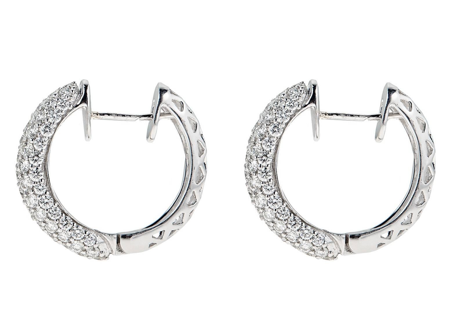 Round Cut 3.39 Carat Diamond White Gold Hoop Earrings For Sale