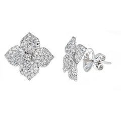 1.50 Carat Pave Diamond White Gold Flower Earrings