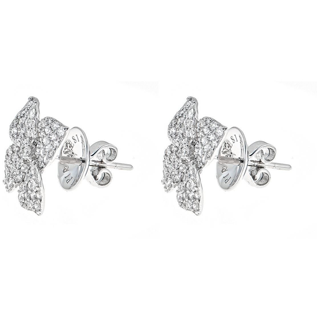 Round Cut 1.50 Carat Pave Diamond White Gold Flower Earrings For Sale