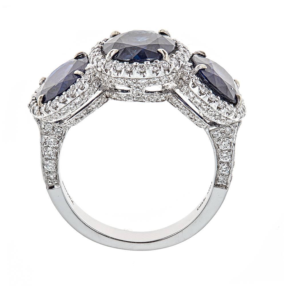 Oval Cut 8.50 Carat Blue Sapphire White Gold Three-Stone Ring For Sale