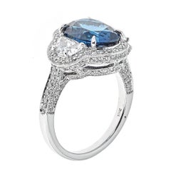 5.22 Carat Blue Sapphire and Half Moon Diamond White Gold Ring