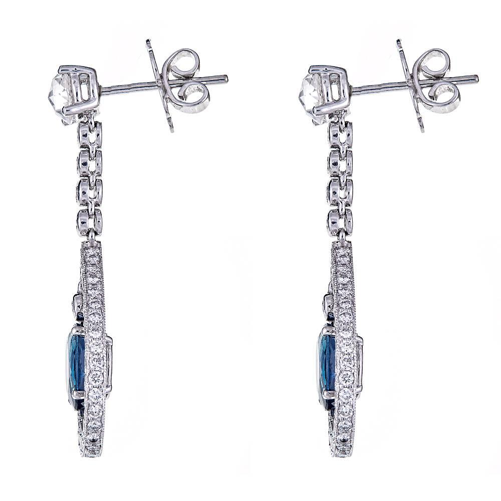 Oval Cut 3.30 Carat Blue Sapphire and 2.28 Carat Diamond White Gold Drop Earrings For Sale