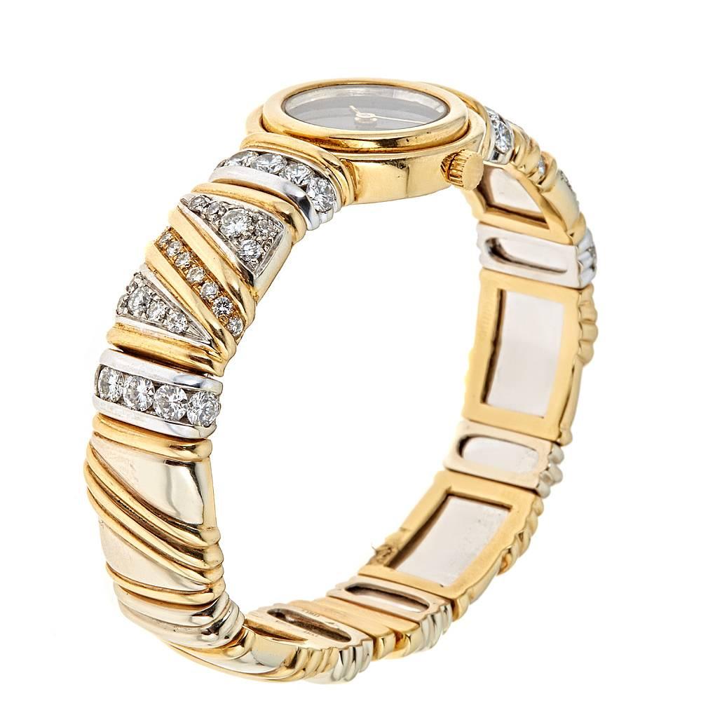 Round Cut Piranesi White and Yellow Gold 3.66 Carat Diamond Bracelet Wristwatch For Sale