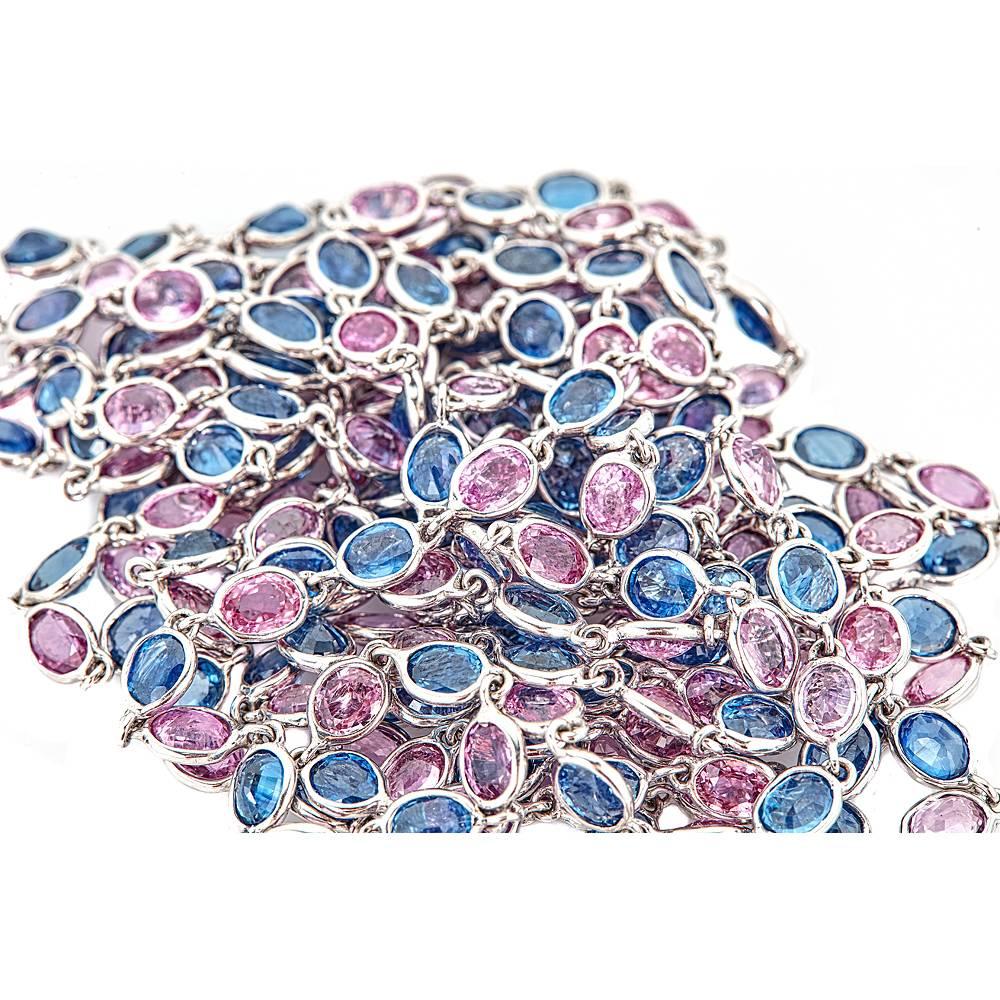 With 103.16 carats of alternating Pink and Blue Sapphires, this brightly colored pastel necklace is set in 18K White Gold. With a discreet clasp, this 72 inch long necklace can we worn in a multitude of ways for stylish versatility. 

Features: