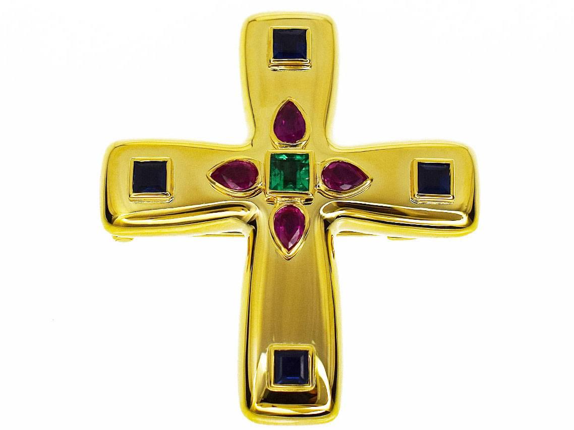 Brand:Cartier
Name:BYZANTINE CROSS MM Brooch Pendant Top
Material :4P Ruby, 4P Sapphire, 1P Emerald, 750 18K YG Yellow Gold
Comes with:Cartier Box, Pouch, Repair Certificate (Jan 2018)
size:H35mm×W31mm/1.37inch-1.22inch（Approx) 
Weight:11.9g（Approx) 