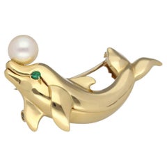 Broche Cartier Delfín ORFY Clip Perla Esmeralda Oro Amarillo 18K