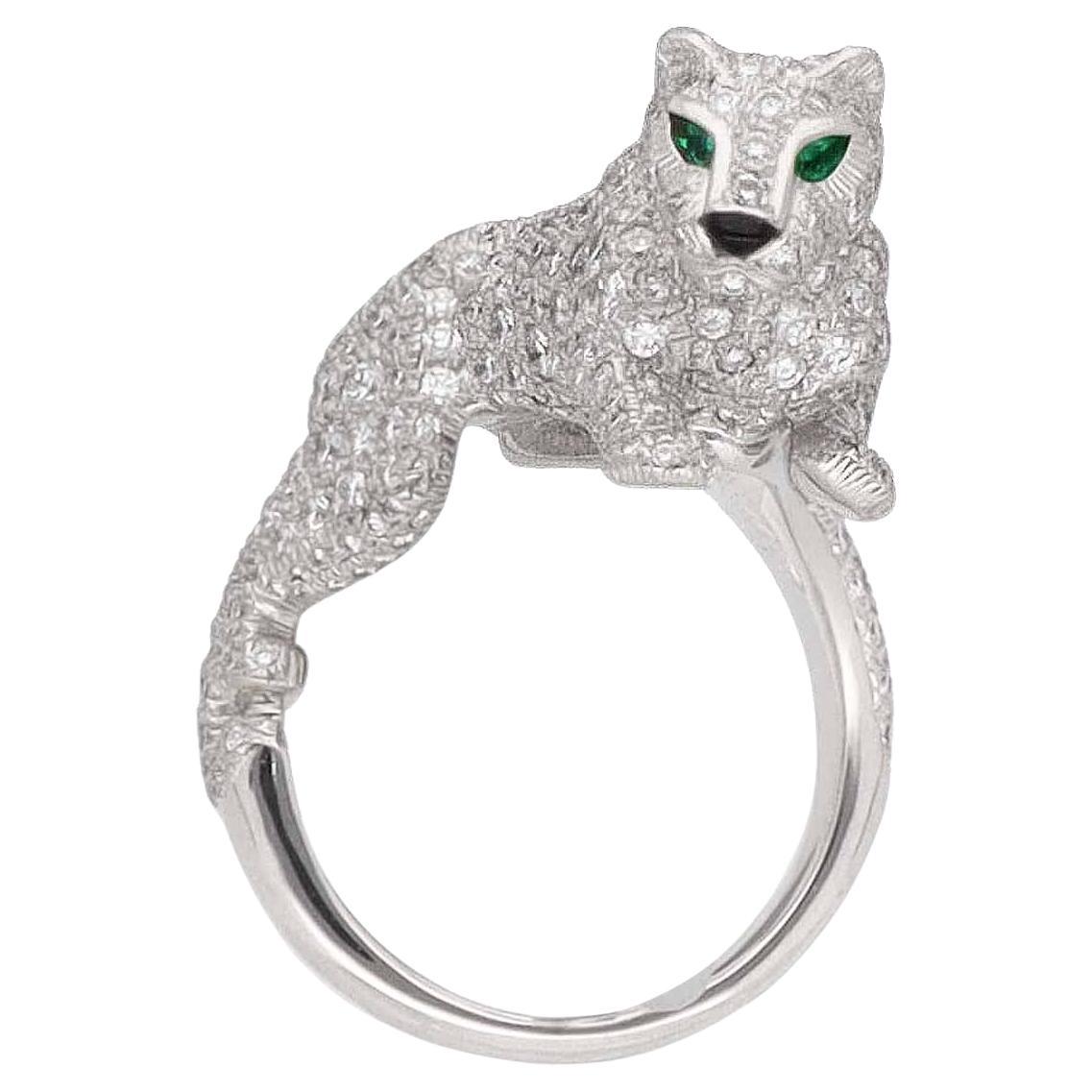Cartier Panthere Sookie Diamonds Emeralds Onyx K18 White Gold Ring US 6 1/4 For Sale