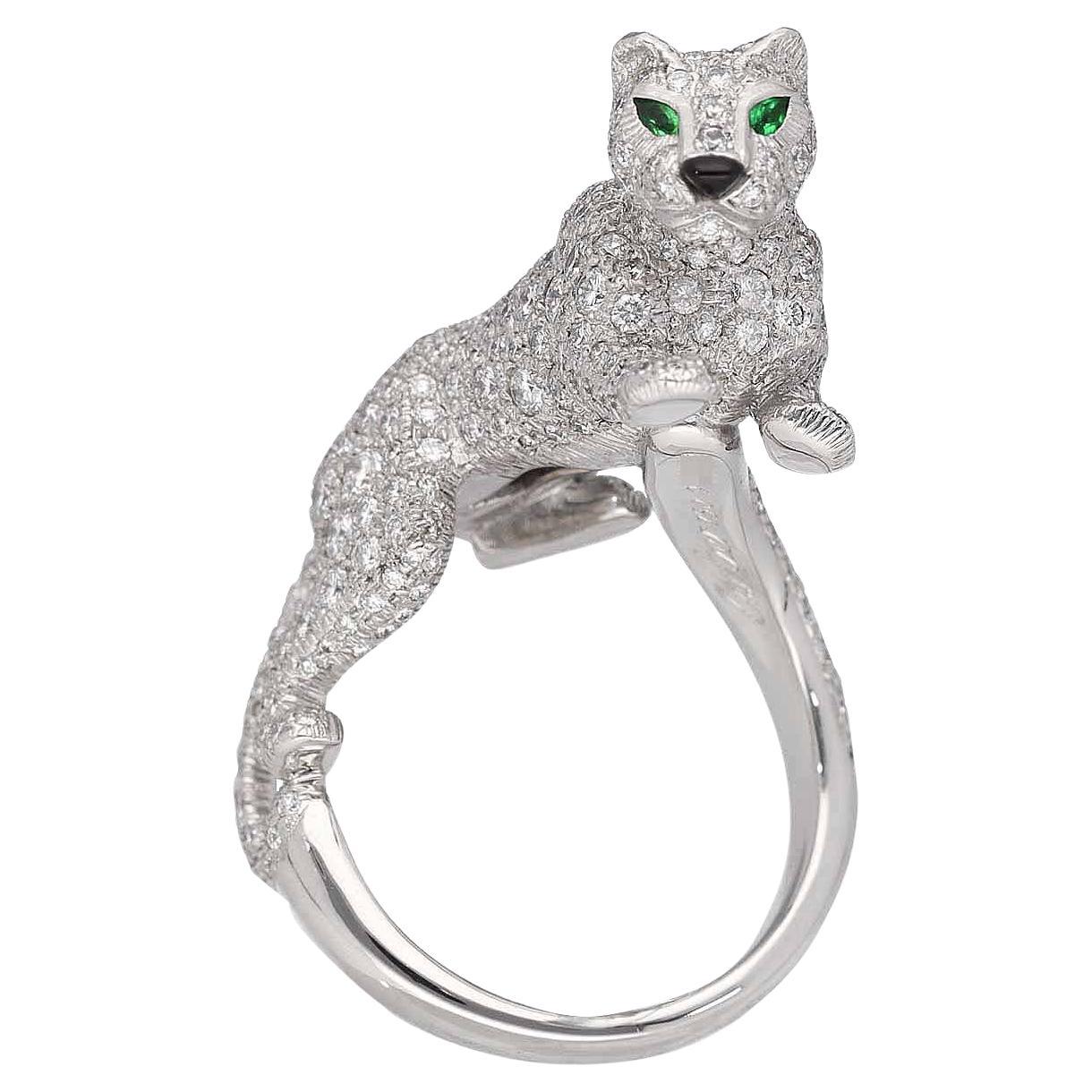 Cartier Panthere Sookie Ring 18 Karat White Gold Diamonds Emeralds and US 6 1/4 For Sale