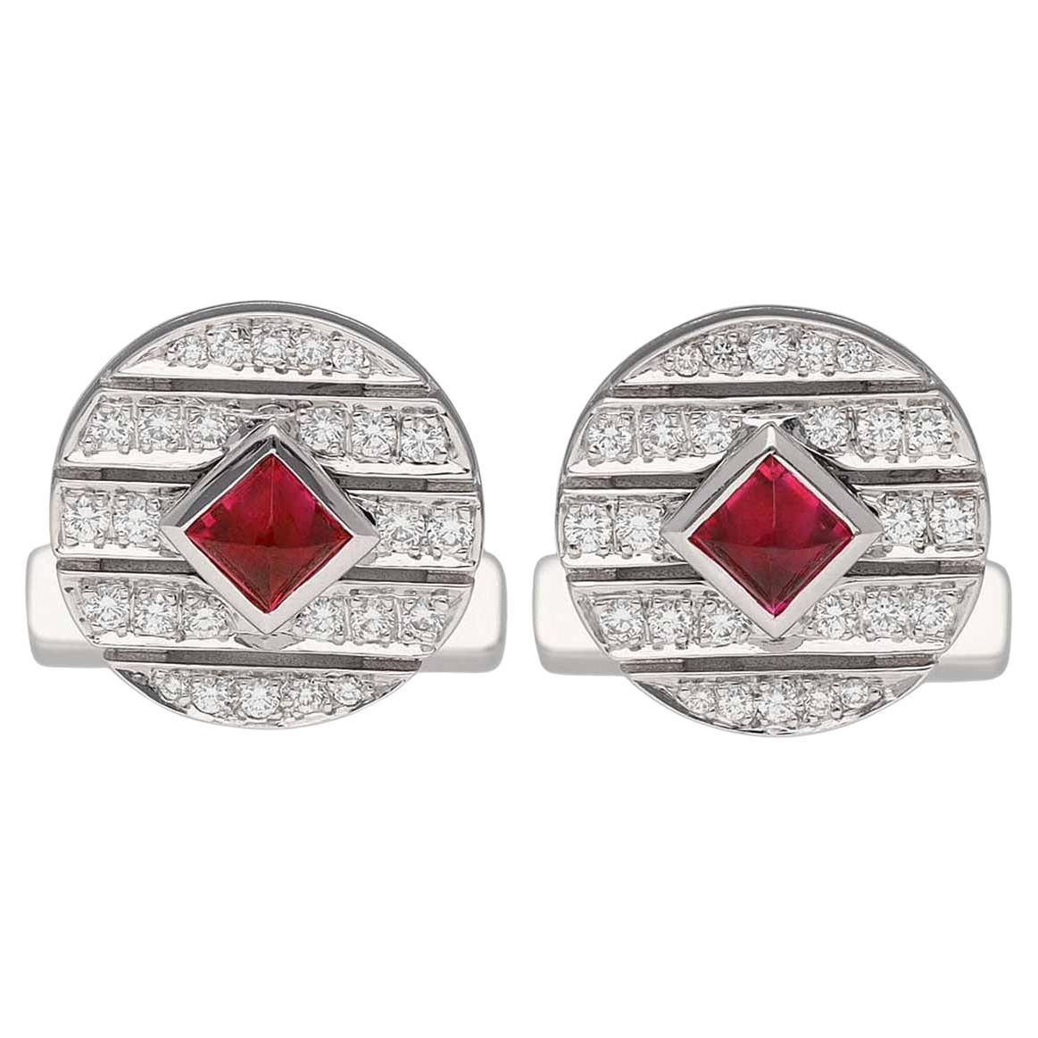 Boutons de manchette 2P Rubis Diamant Or Blanc 18K forme ronde