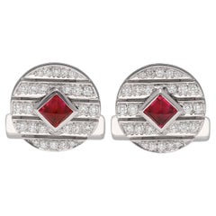 Cartier 2P Ruby Diamond 18K White Gold Round Shape Cufflinks
