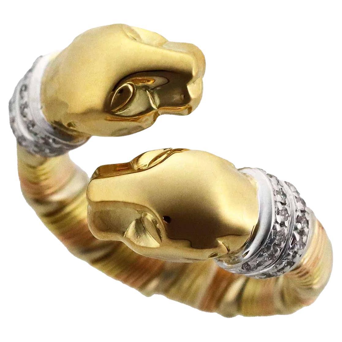 Cartier Diamond 18 Karat Yellow White Pink Gold Cougar Panthere Ring US 4 For Sale
