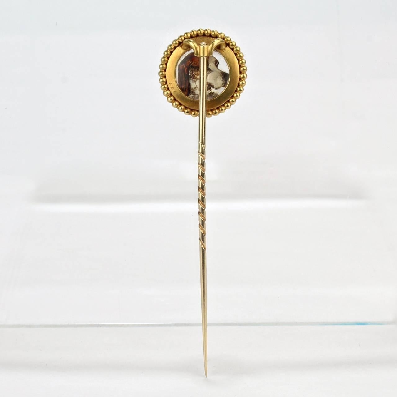 Late Victorian Gold and Essex Crystal Stick Pin with a Reverse Painted Beagle