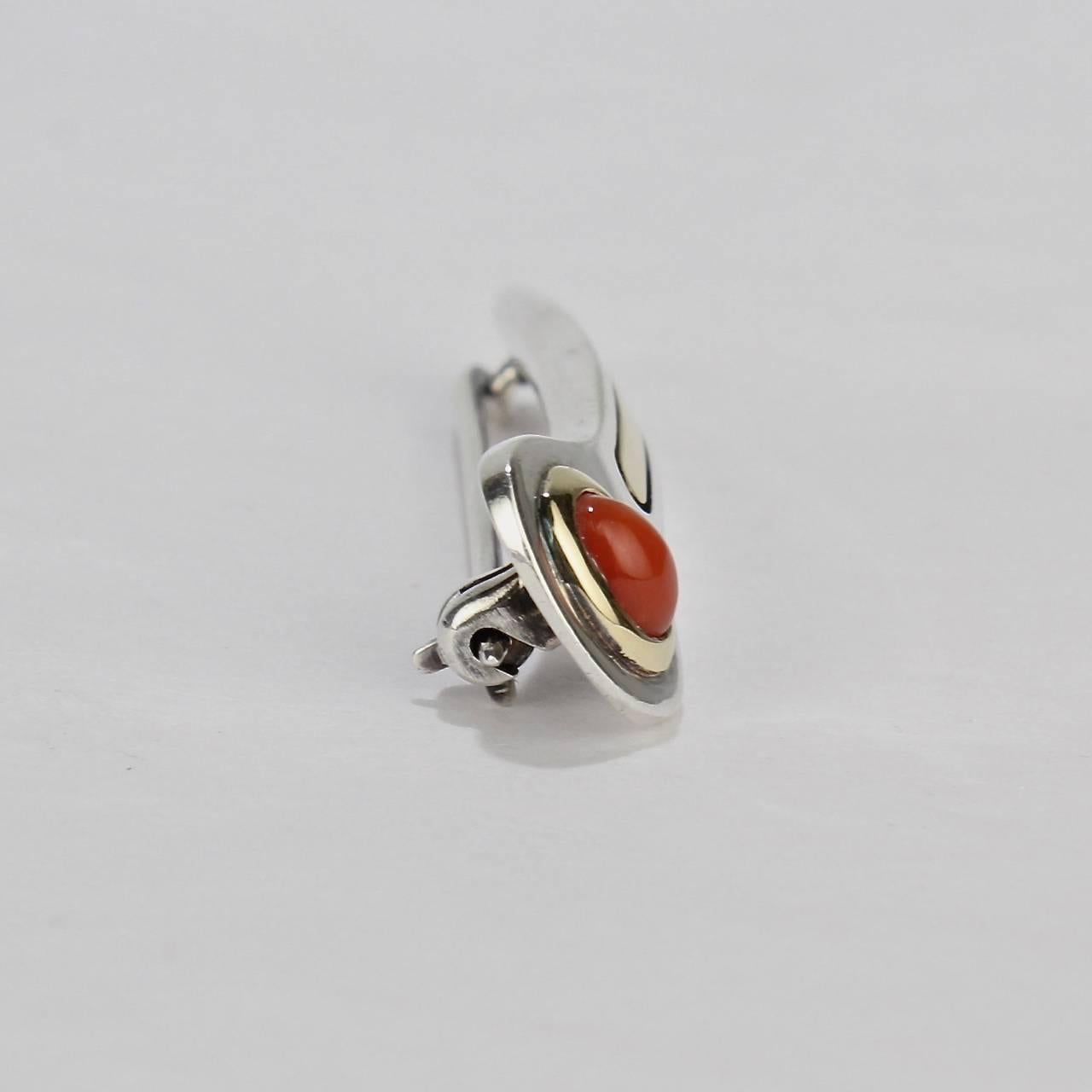 Modernist Cartier Sterling Silver, 18-Karat Gold and Red Coral Lapel Pin or Brooch