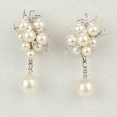 Kurt Wayne 14 Karat White Gold, Pearl Cluster and Diamond Earrings