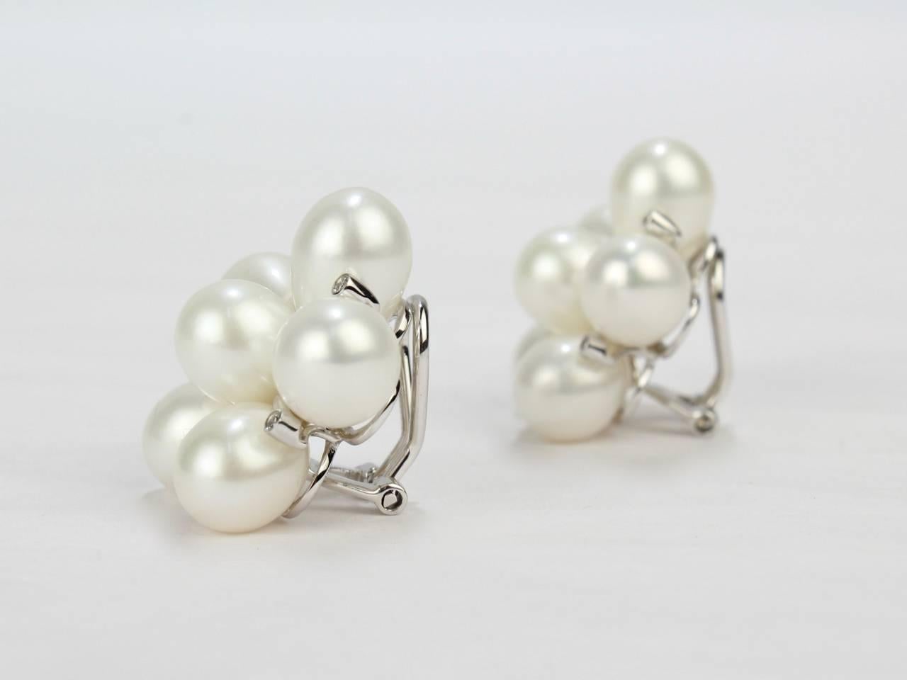 Women's 14 Karat White Gold, Diamond and Pearl Cluster Floriform Clip Earrings