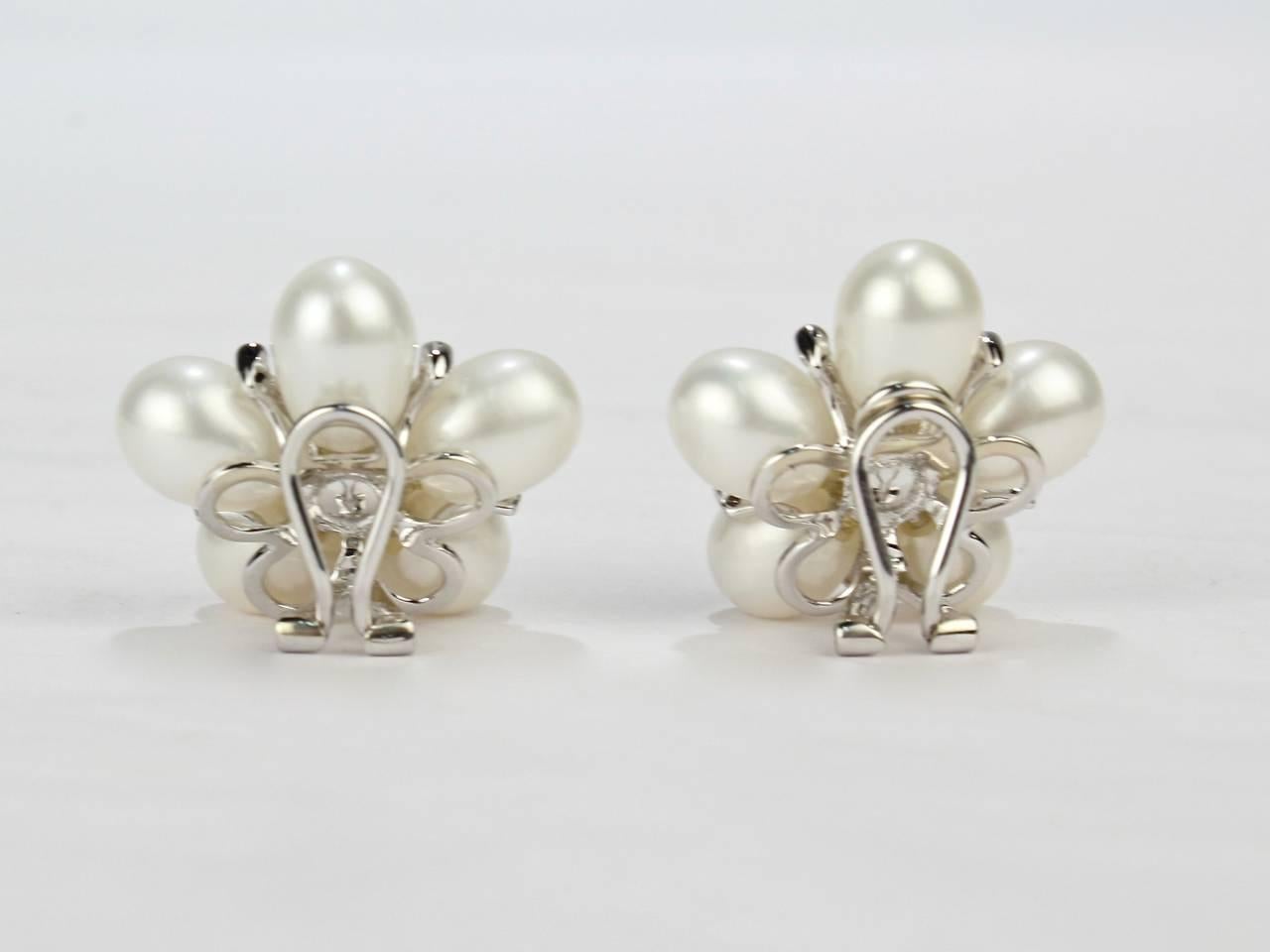 14 Karat White Gold, Diamond and Pearl Cluster Floriform Clip Earrings 1