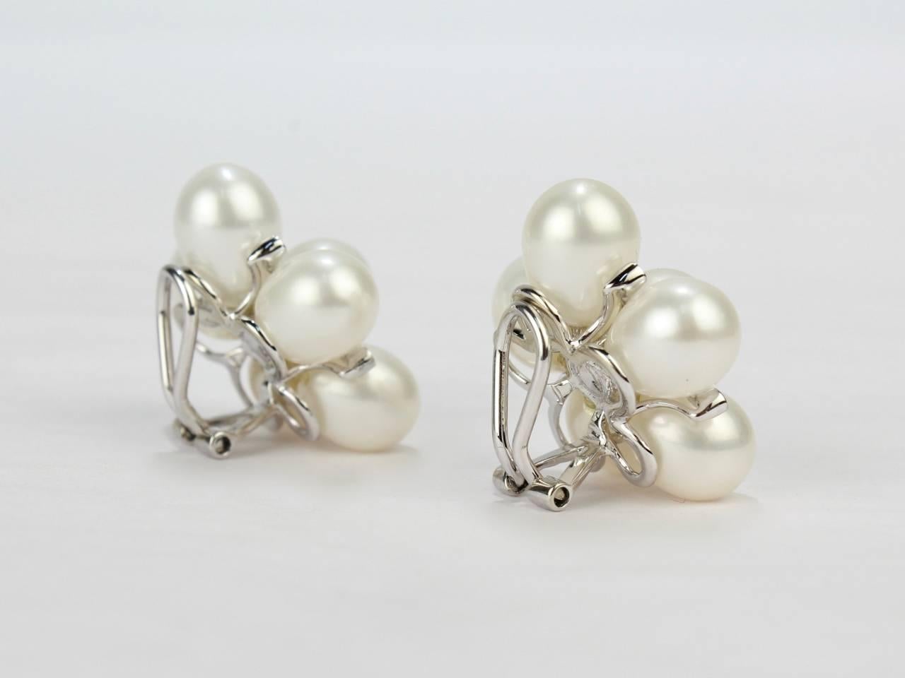 14 Karat White Gold, Diamond and Pearl Cluster Floriform Clip Earrings 2
