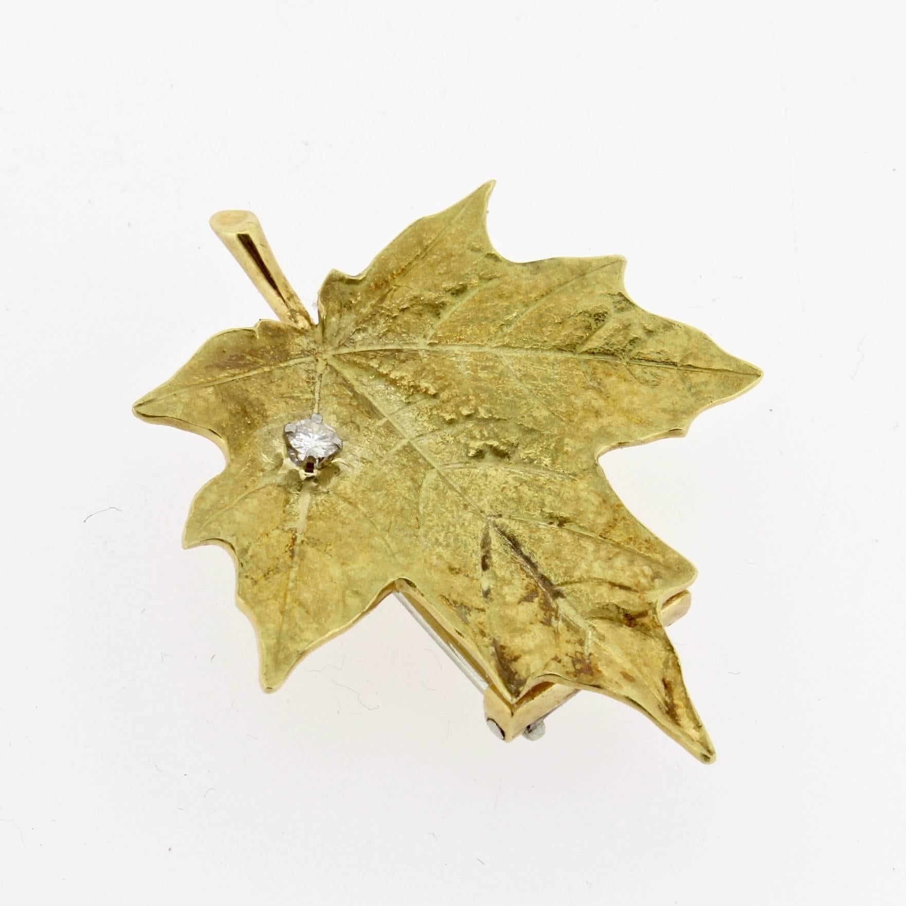 McTeigue 18-Karat Yellow Gold and Diamond Maple Leaf Pin or Brooch In Good Condition In Philadelphia, PA