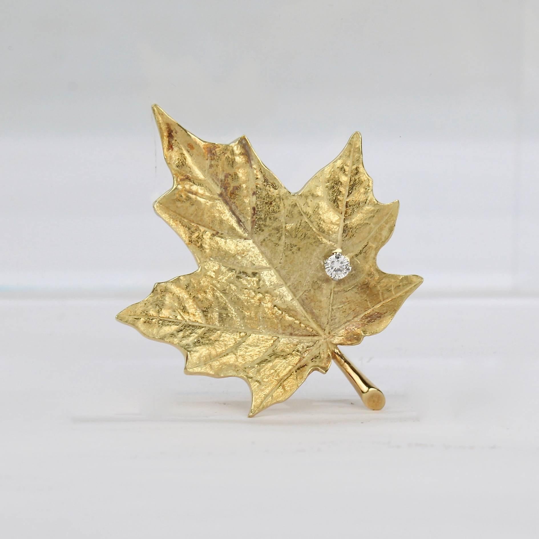 Women's McTeigue 18-Karat Yellow Gold and Diamond Maple Leaf Pin or Brooch