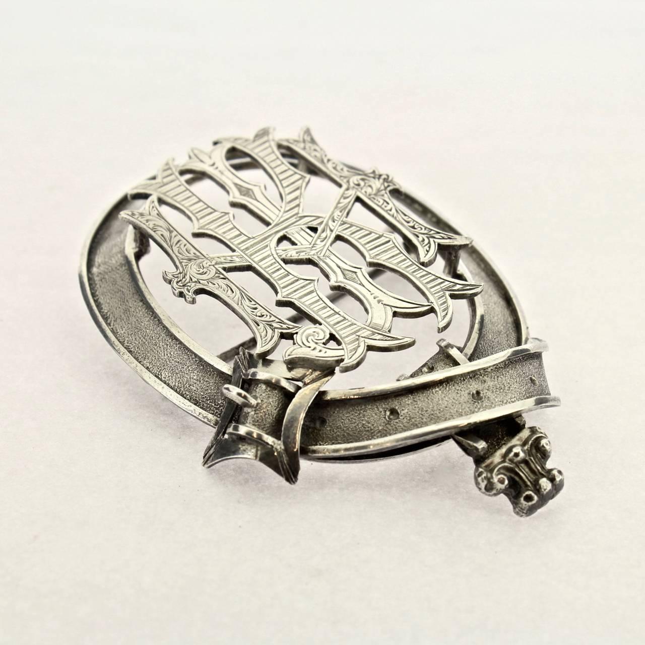 Large Antique Cased Figural Victorian Silver Buckle Brooch In Good Condition For Sale In Philadelphia, PA
