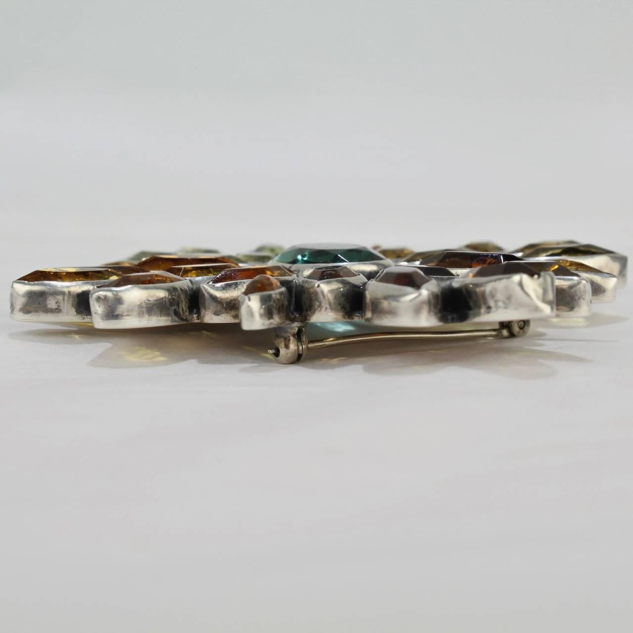 Artisan Federico Jimenez Mexican Sterling Silver, Citrine and Aquamarine Brooch or Pin