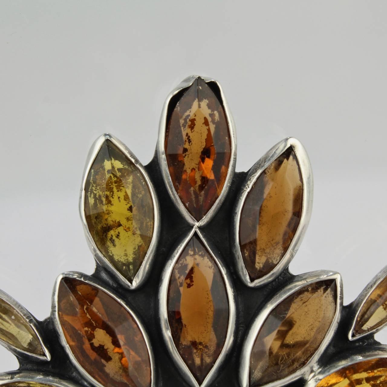 Federico Jimenez Mexican Sterling Silver, Citrine and Aquamarine Brooch or Pin In Fair Condition In Philadelphia, PA
