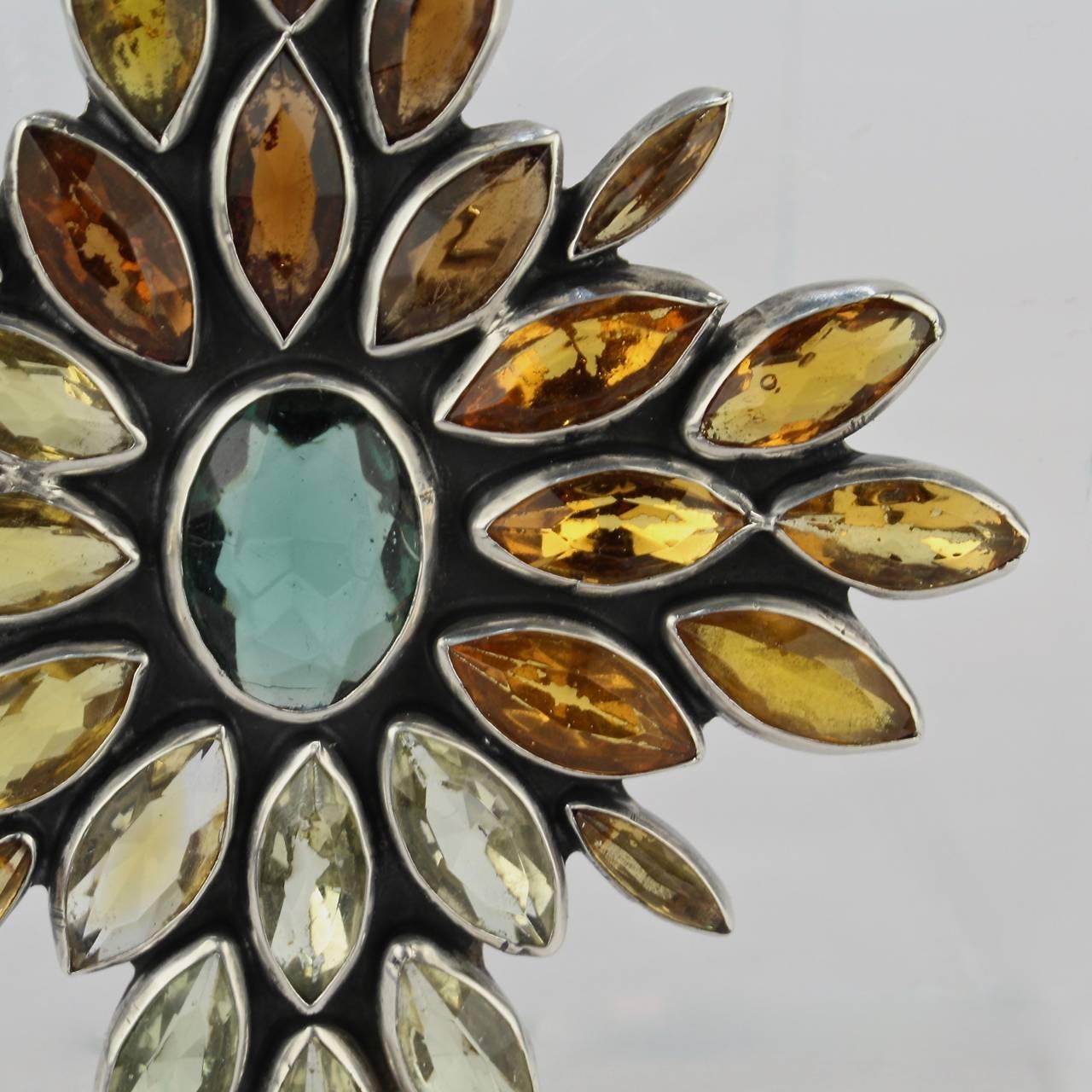 Federico Jimenez Mexican Sterling Silver, Citrine and Aquamarine Brooch or Pin 2