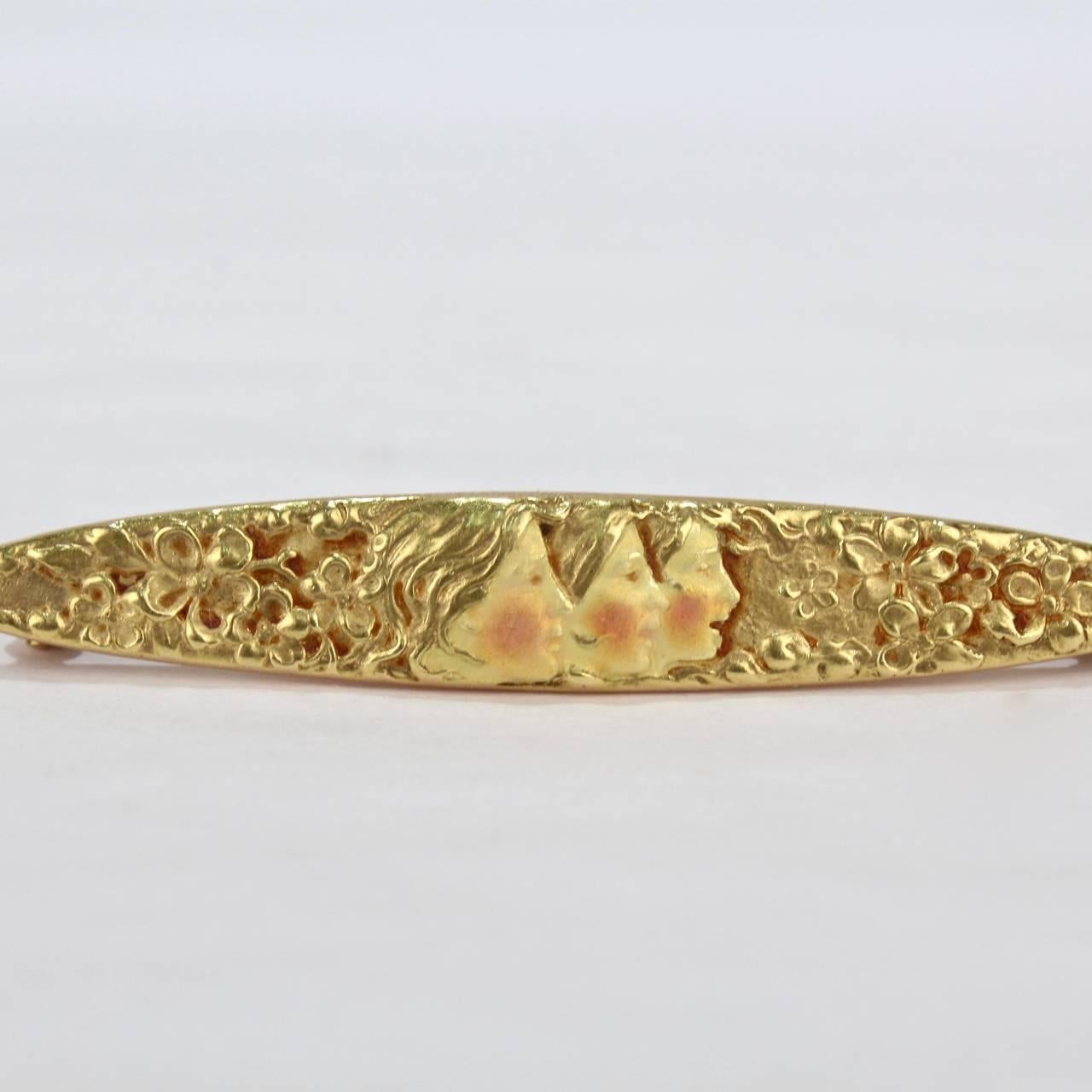 Jugendstil-Anstecknadel aus 14 Karat Gelbgold mit Revers aus der Jugendstilzeit und drei Gesichtern von Krementz im Angebot 3