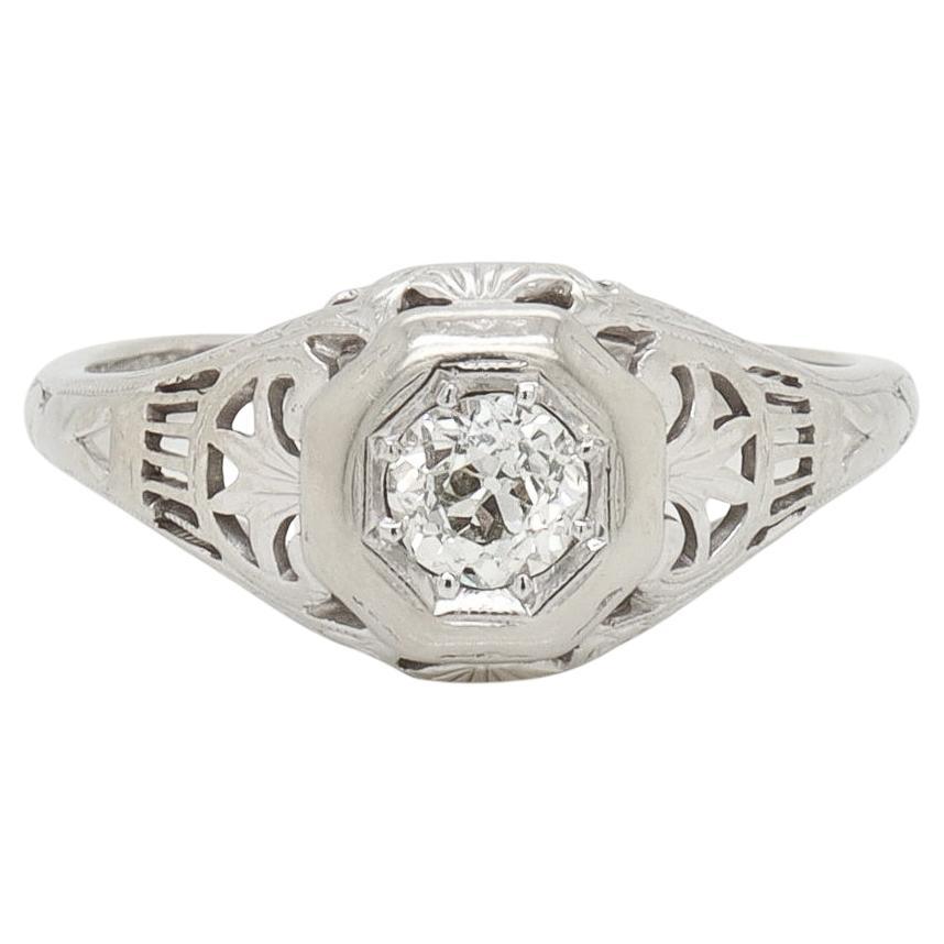 Anello di fidanzamento firmato Traub Orange Blossom in oro bianco e diamanti Art Deco